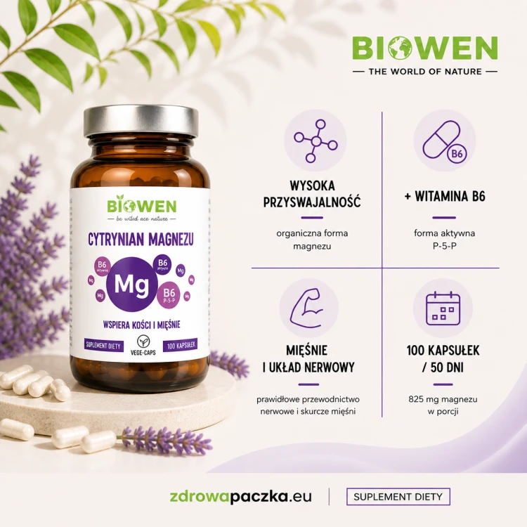 Cytrynian magnezu + witamina B6 Biowen 100 kapsułek zdrowa paczka kwadrat.png