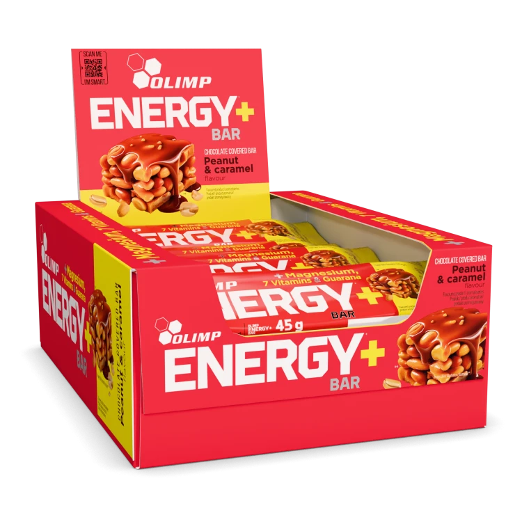 OLIMP Energy+ Bar Peanut &amp; Caramel 45 g – karton ekspozycyjny z batonami