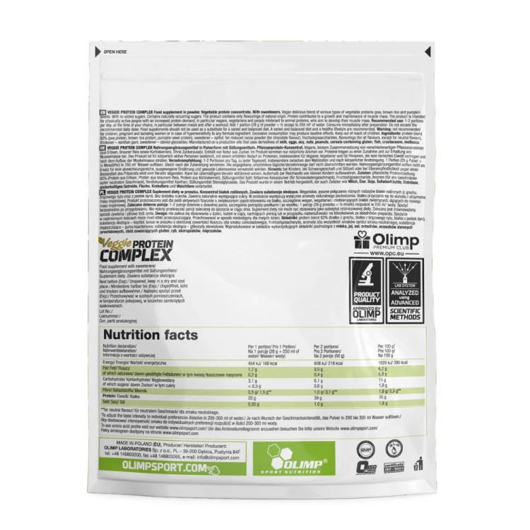 OLIMP Veggie Protein Complex 500 g Naturalny – skład i wartości odżywcze