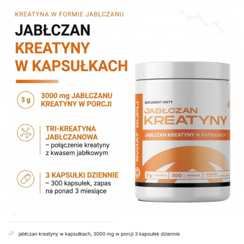 Świat Supli Jabłczan Kreatyny w kapsułkach – 3000 mg w porcji
