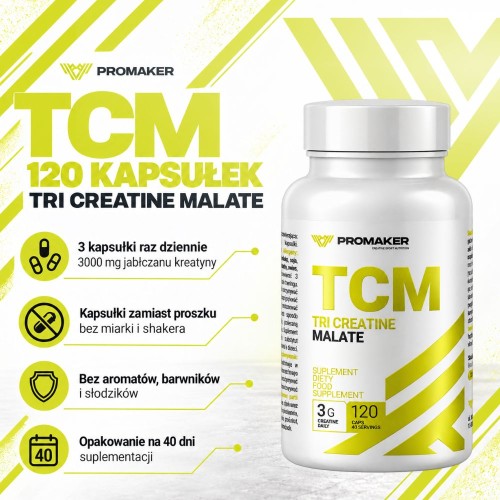 PROMAKER TCM 120 kapsułek – 3000 mg jabłczanu kreatyny w porcji, 40 porcji