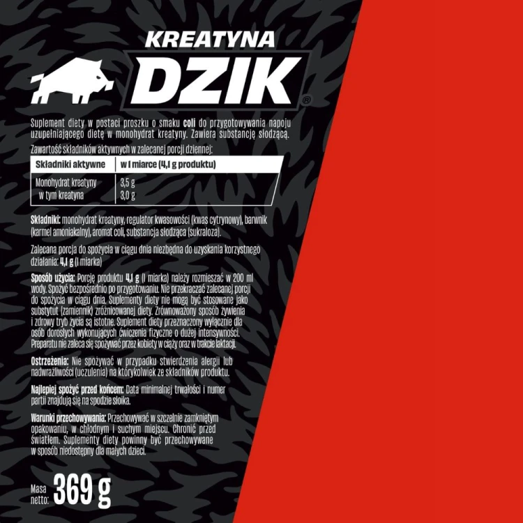 DZIK Kreatyna 369 g Cola – etykieta, skład i sposób użycia