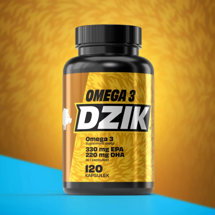 DZIK Omega 3 120 kapsułek – opakowanie na złotym tle
