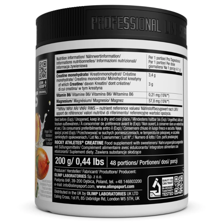 OLIMP Rocky Athletes Creatine Mango 200 g – etykieta i skład monohydratu kreatyny