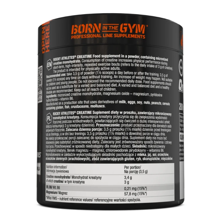 OLIMP Rocky Athletes Creatine naturalny 200 g – etykieta i skład kreatyny bezsmakowej