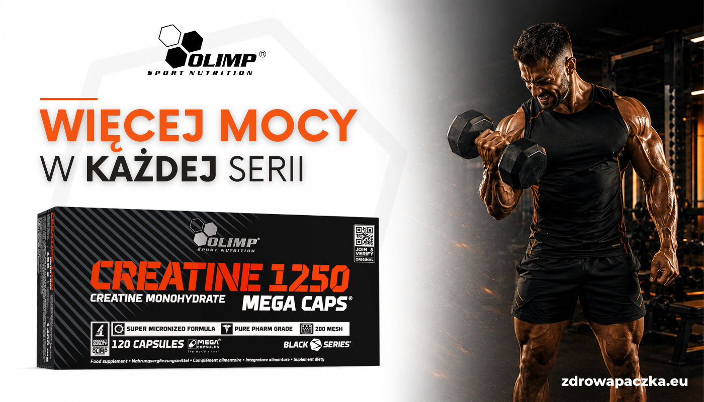 Baner OLIMP Creatine 1250 Mega Caps z hasłem „Więcej mocy w każdej serii” i ćwiczącym mężczyzną