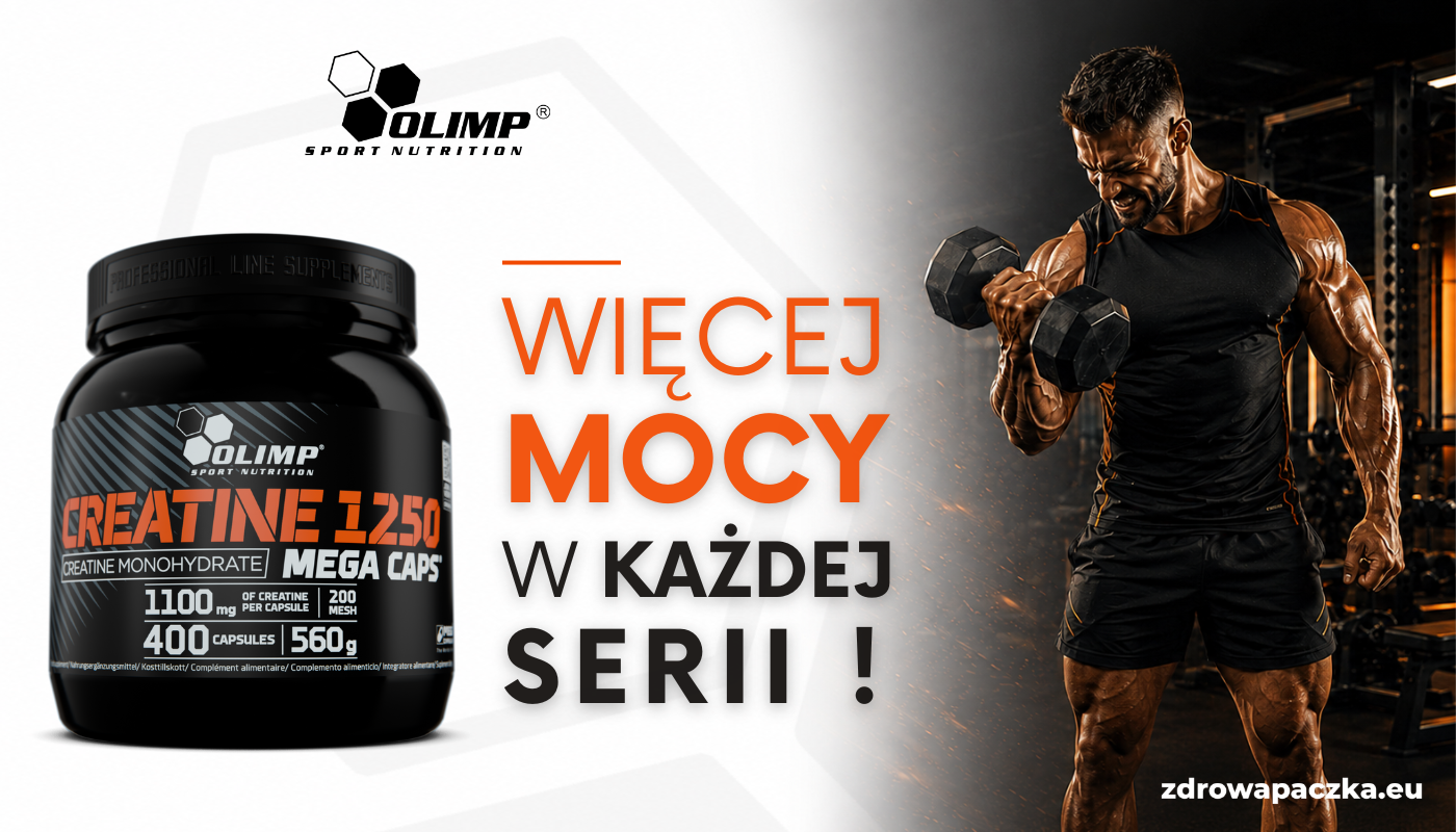 OLIMP Creatine 1250 Mega Caps 400 kapsułek – baner z hasłem „Więcej mocy w każdej serii” i ćwiczącym mężczyzną