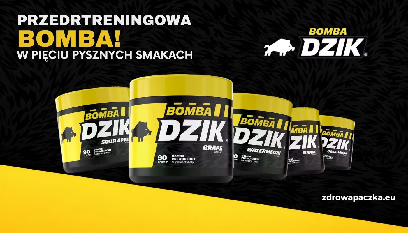 Baner DZIK Bomba Preworkout 300 g – przedtreningówka w pięciu smakach: Arbuz, Cola-Lemon, Grape, Mango i Sour-Apple.
