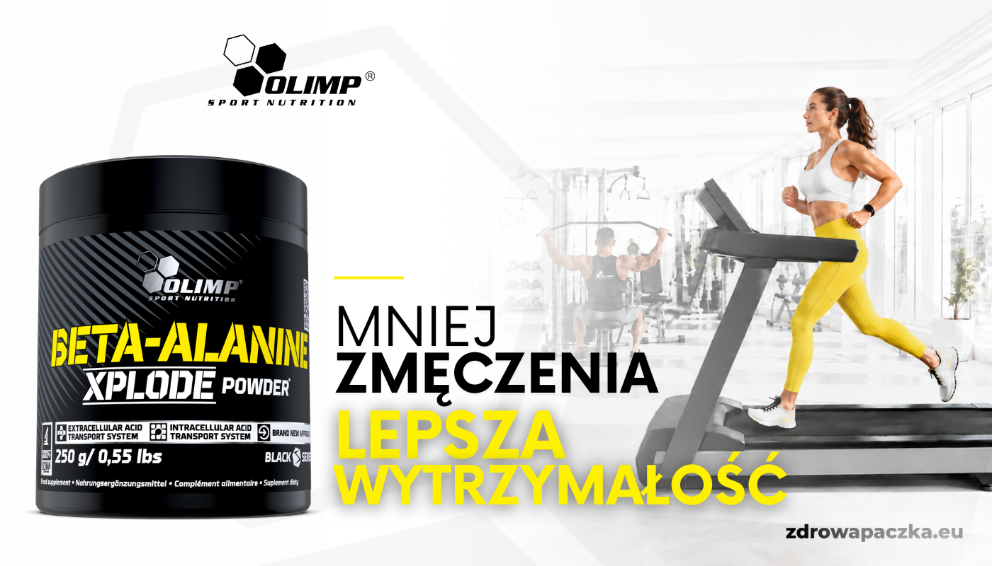 OLIMP Beta-Alanine Xplode Powder 250 g – baner z hasłem „Mniej zmęczenia, lepsza wytrzymałość”