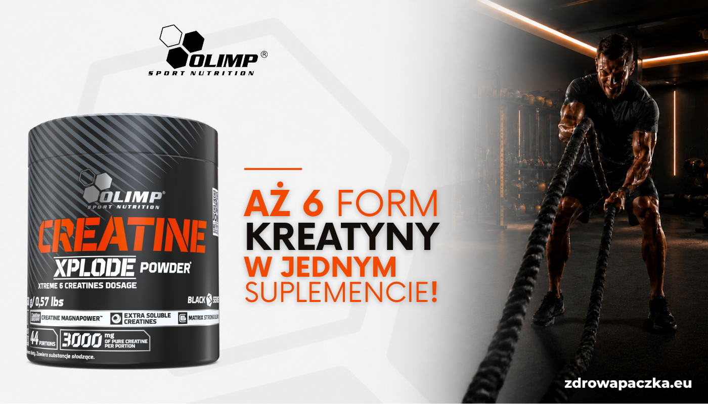 OLIMP Creatine Xplode Powder 260 g – baner z hasłem „Aż 6 form kreatyny w jednym suplemencie” i treningiem z linami