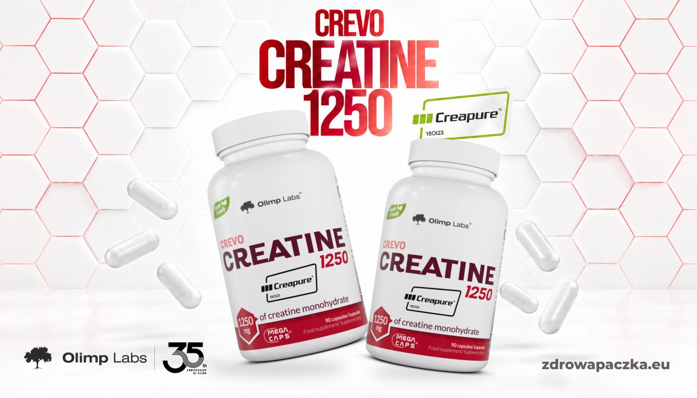 OLIMP Crevo Creatine 1250 Creapure 90 kapsułek – dwa opakowania Olimp Labs otoczone białymi kapsułkami na biało-czerwonym tle z sześciokątami.