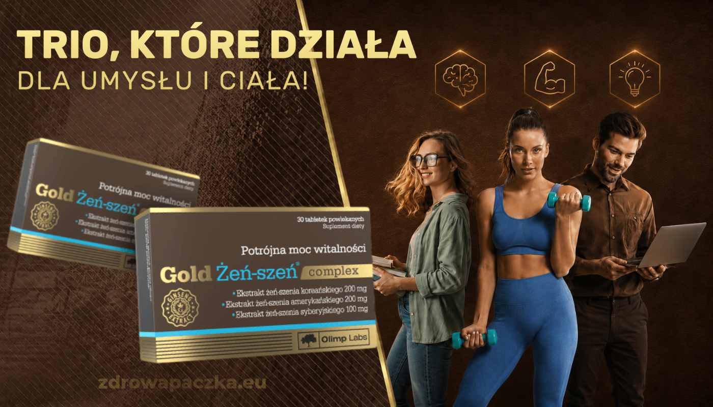 OLIMP Gold Żeń-szeń Complex 30 tabletek – baner wspierający witalność, koncentrację i sprawność fizyczną