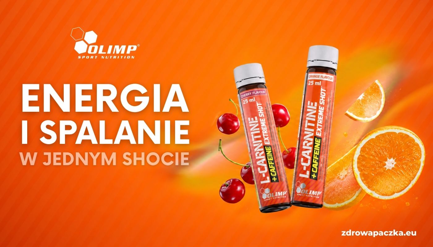 OLIMP L-Carnitine + Caffeine Extreme Shot 25 ml – ampułki o smaku wiśniowym i pomarańczowym w otoczeniu owoców, z hasłem „Energia i spalanie w jednym shocie”.