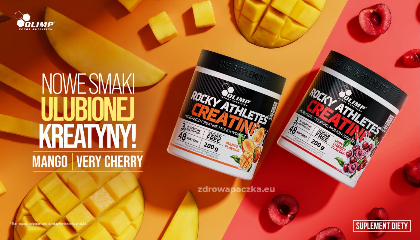 OLIMP Rocky Athletes Creatine 200 g – baner z hasłem „Nowe smaki ulubionej kreatyny!” oraz opakowaniami Mango i Very Cherry na pomarańczowo-czerwonym tle z owocami mango i wiśniami.