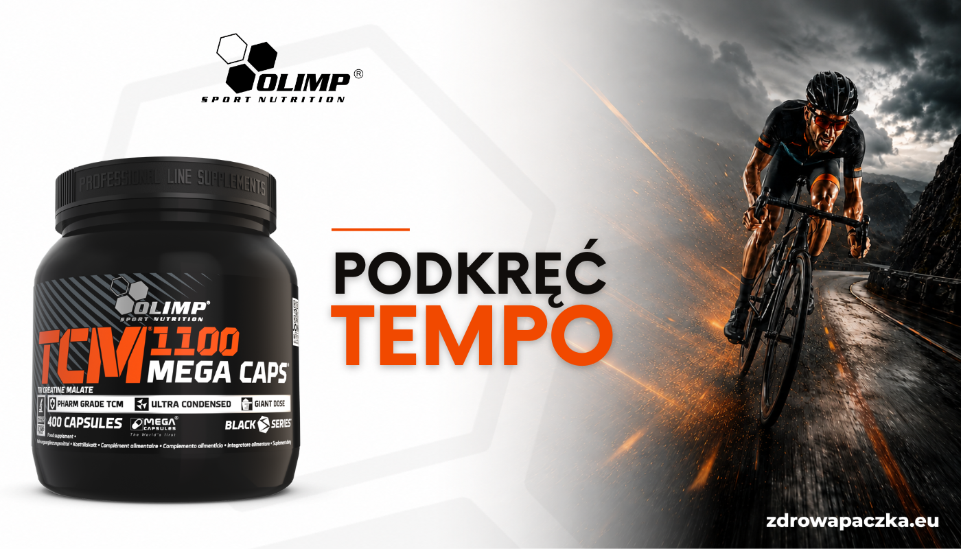 OLIMP TCM 1100 Mega Caps 400 kapsułek – baner z hasłem „Podkręć tempo” i kolarzem