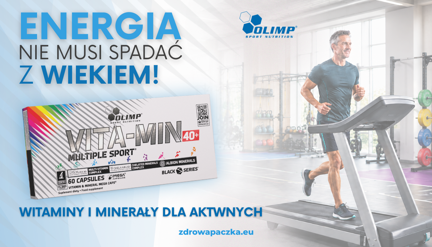 OLIMP Vita-Min Multiple Sport 40+ 60 kapsułek – baner „Energia nie musi spadać z wiekiem” z aktywnym mężczyzną po 40. roku życia