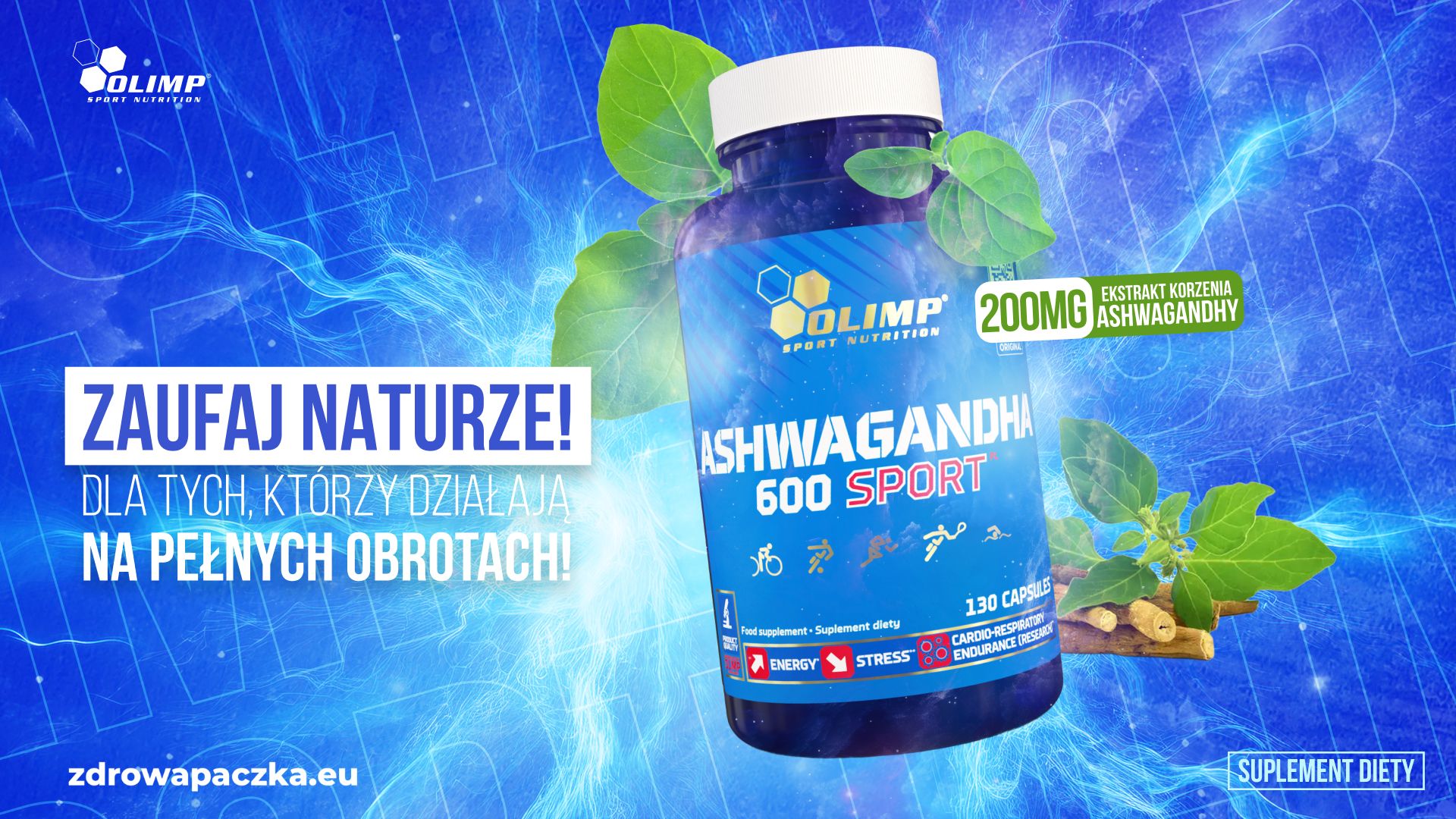 OLIMP Ashwagandha 600 Sport 130 kapsułek – baner z opakowaniem, liśćmi ashwagandhy i hasłem „Zaufaj naturze”