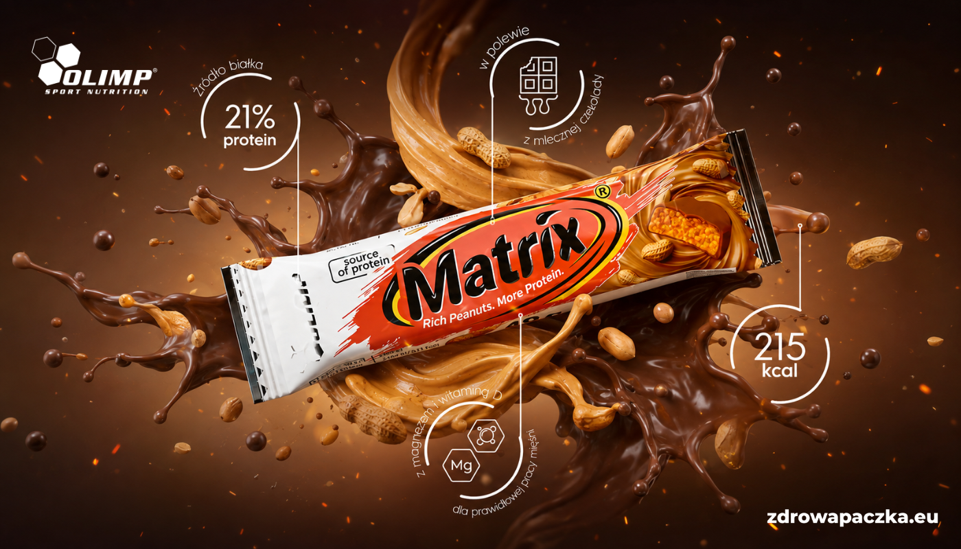 OLIMP Matrix Peanut Butter 40 g – baton z pastą arachidową, mleczną czekoladą, 21% białka, magnezem i witaminą D