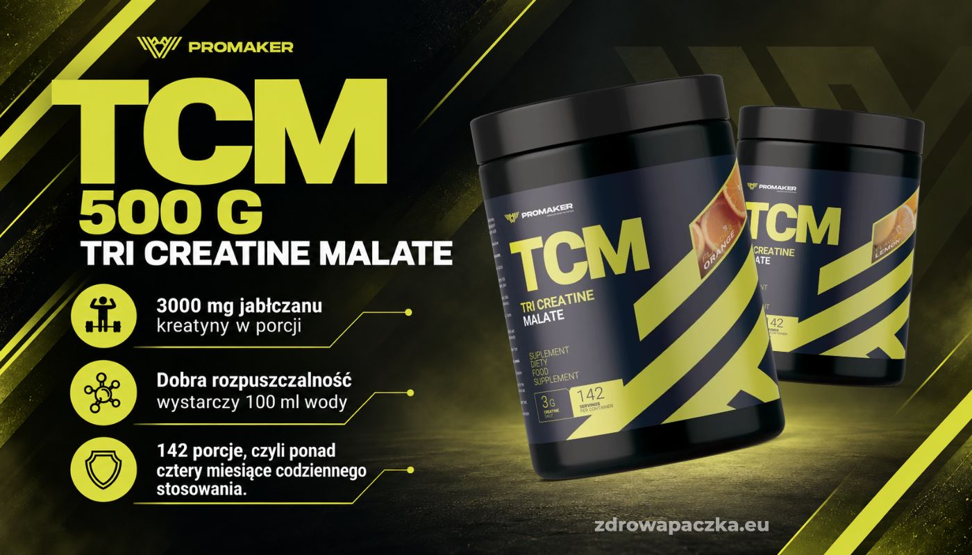 Baner PROMAKER TCM 500 g z opakowaniami cytryna i pomarańcza oraz informacją o 142 porcjach