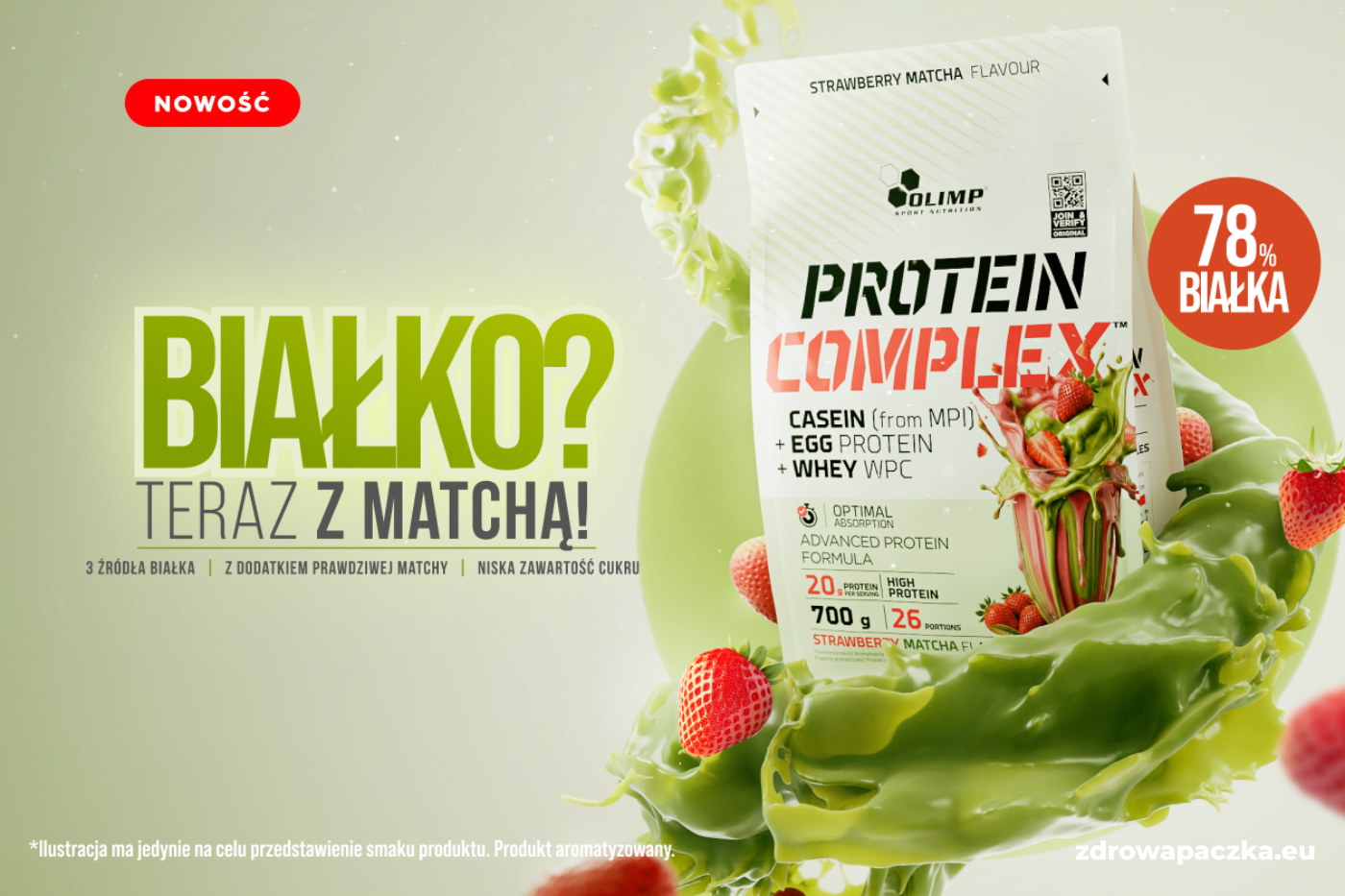 OLIMP Protein Complex 700 g Strawberry Matcha – 3 źródła białka, 20 g białka w porcji i dodatek matchy