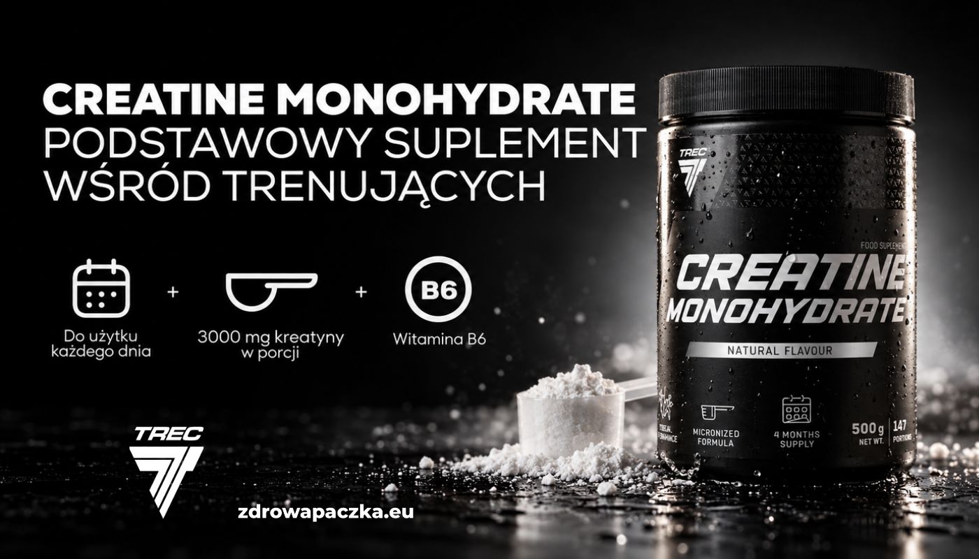 TREC Creatine Monohydrate 500 g – bezsmakowy monohydrat kreatyny z witaminą B6. Opakowanie i miarka proszku na czarnym tle, z informacją o 3000 mg kreatyny w porcji.