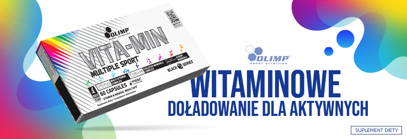 OLIMP Vita-Min Multiple Sport Mega Caps 60 kapsułek – opakowanie produktu na banerze z hasłem „Witaminowe doładowanie dla aktywnych”.