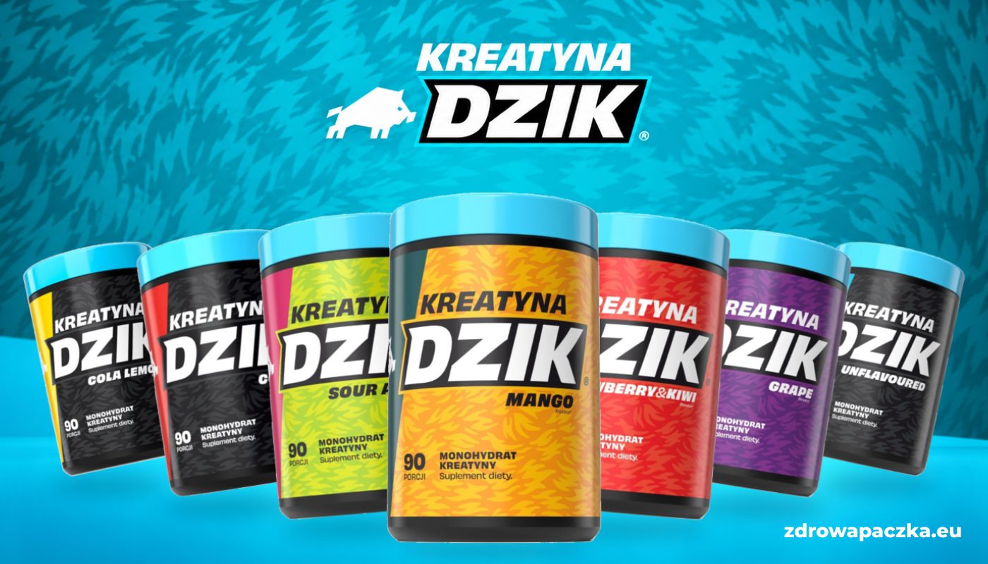 DZIK Kreatyna 369 g – monohydrat kreatyny w wariantach smakowych i wersji naturalnej. Opakowania ułożone wachlarzowo na turkusowym tle z logo DZIK.