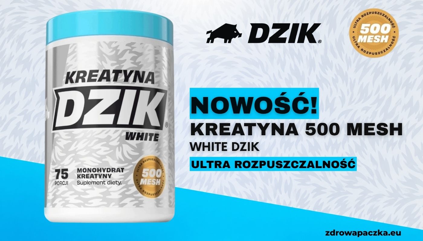 Baner DZIK Kreatyna Mesh White 500 MESH – opakowanie 75 porcji, logo DZIK oraz hasła „Nowość” i „Ultra rozpuszczalność”.