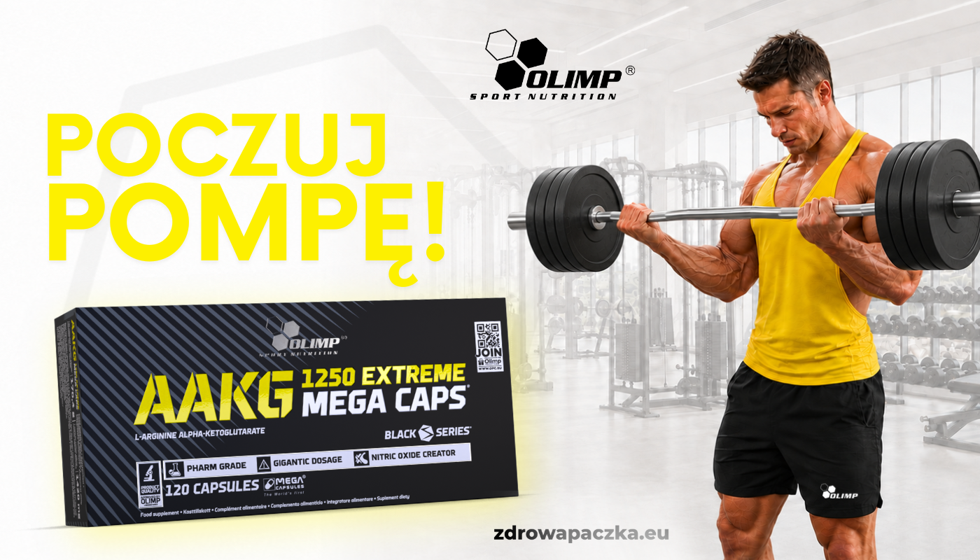 OLIMP AAKG 1250 Extreme Mega Caps 120 kapsułek – baner z hasłem „Poczuj pompę!” i treningiem siłowym